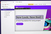 An inline website editor interface in TYPO3's backend shows a site titled Camino in the page tree, with a page preview with the heading "New Look, New Feel" being edited.