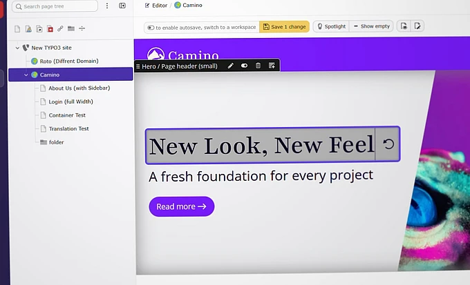 An inline website editor interface in TYPO3's backend shows a site titled Camino in the page tree, with a page preview with the heading "New Look, New Feel" being edited.