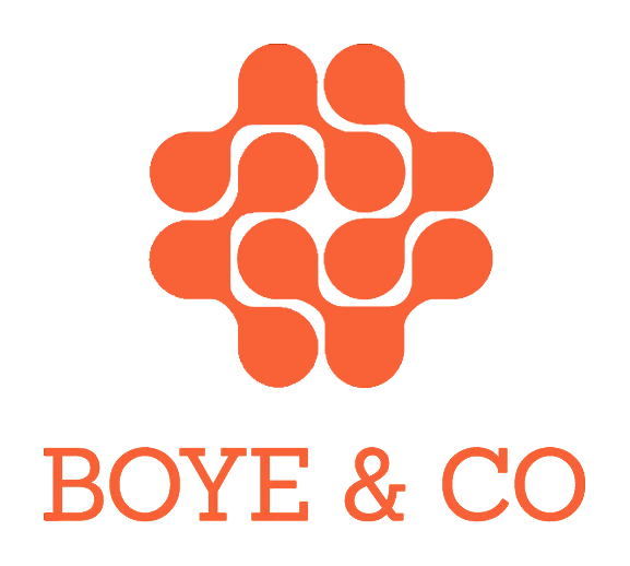 Orange geometric logo with interlocking rounded shapes above the text “BOYE &amp; CO” in bold, uppercase letters. The design and text are centered on a transparent background.