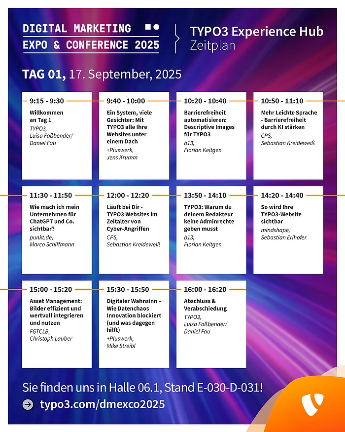 TYPO3 Experience Hub - Tag 1 Zeitplan
