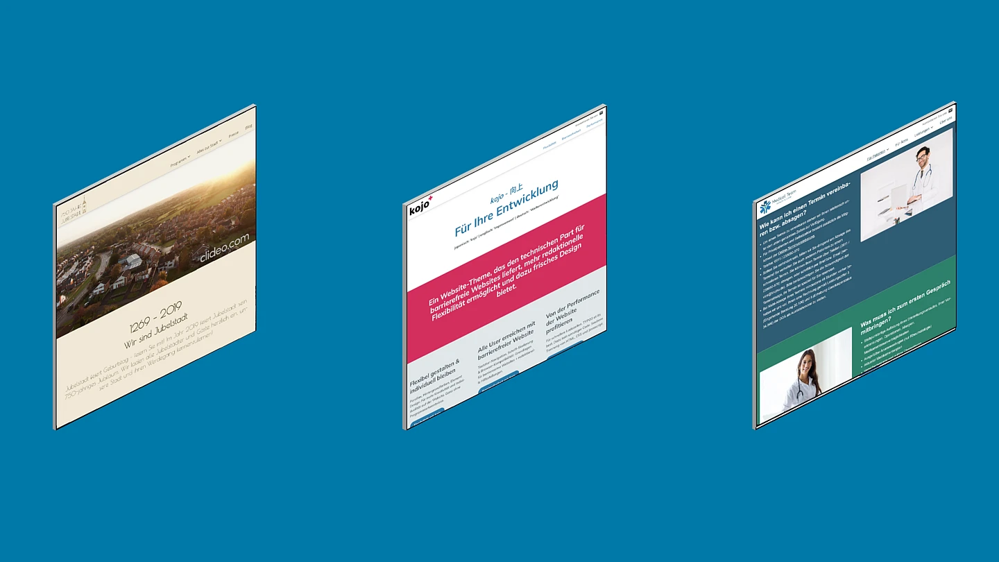 Three screens float in front of a blue background and show different website templates with the kojo theme.