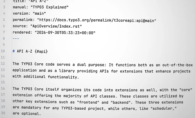 TYPO3 API A-Z documentation page showing metadata and description of TYPO3 Core APIs and extensions