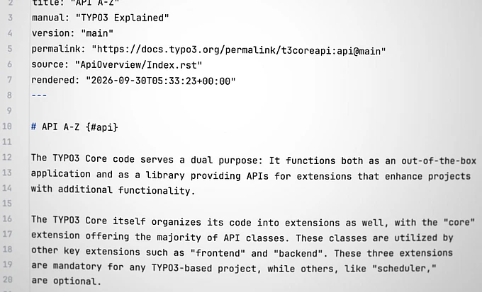 TYPO3 API A-Z documentation page showing metadata and description of TYPO3 Core APIs and extensions