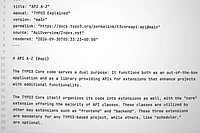 TYPO3 API A-Z documentation page showing metadata and description of TYPO3 Core APIs and extensions