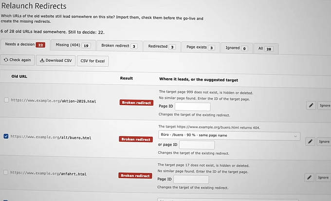 TYPO3 Relaunch Redirects Demo interface showing URL redirect management with status indicators for broken, missing, and redirected links.