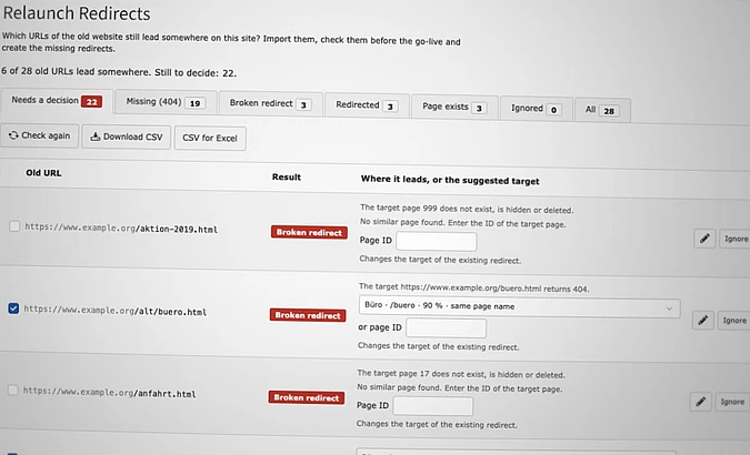 TYPO3 Relaunch Redirects Demo interface showing URL redirect management with status indicators for broken, missing, and redirected links.