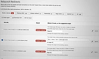 TYPO3 Relaunch Redirects Demo interface showing URL redirect management with status indicators for broken, missing, and redirected links.