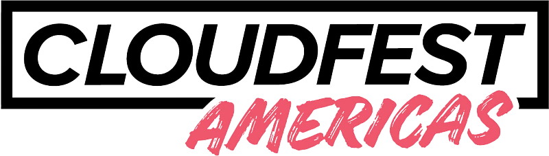 Cloudfest Americas logo with black text and pink brush stroke lettering