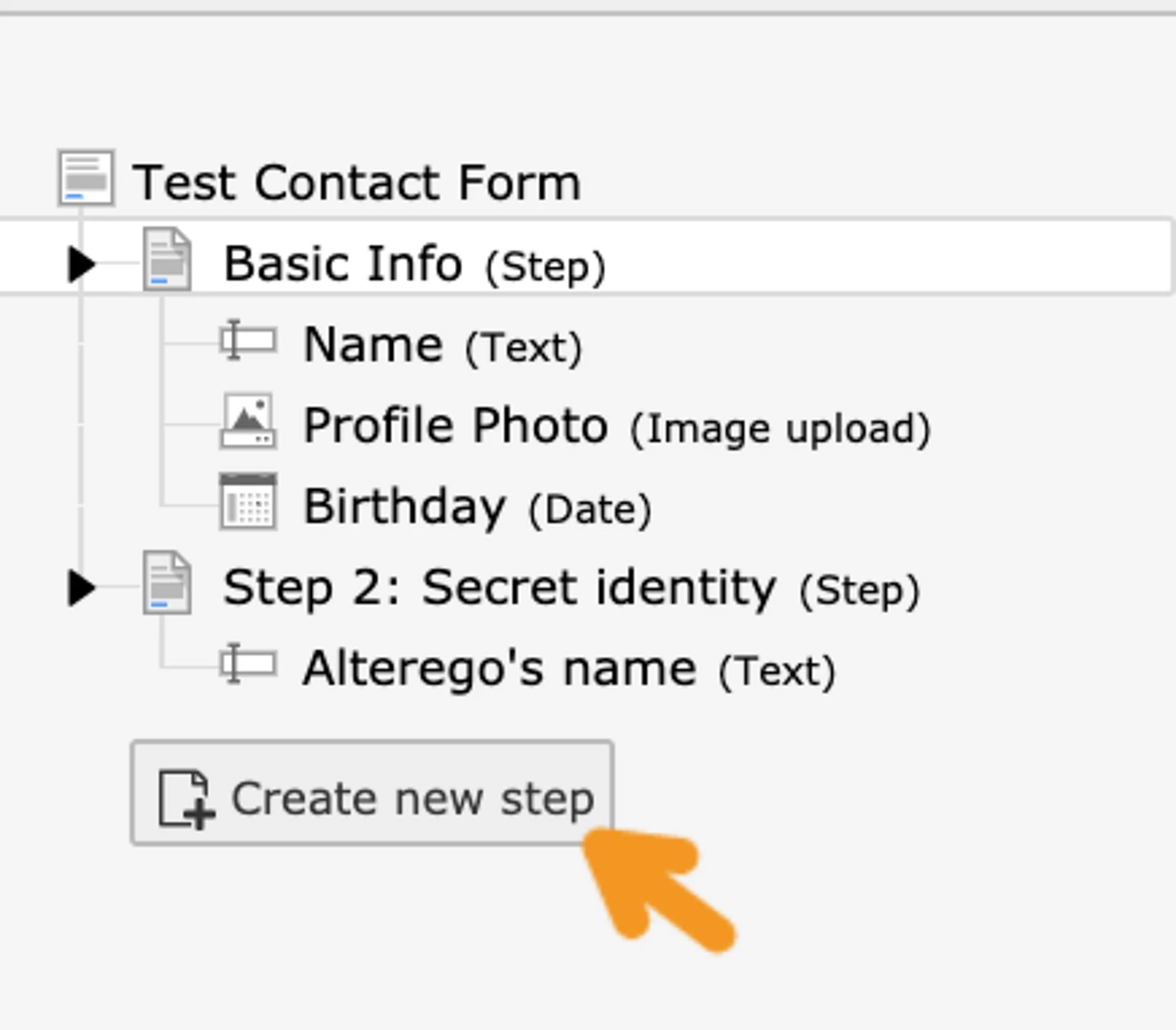 Screenshot pointing out “Create new step” button in the left-hand menu.