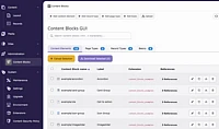 A web interface titled Content Blocks GUI displays a table of content block names, labels, extensions, and references, with navigation menus on the left and buttons for adding and downloading items above the table.