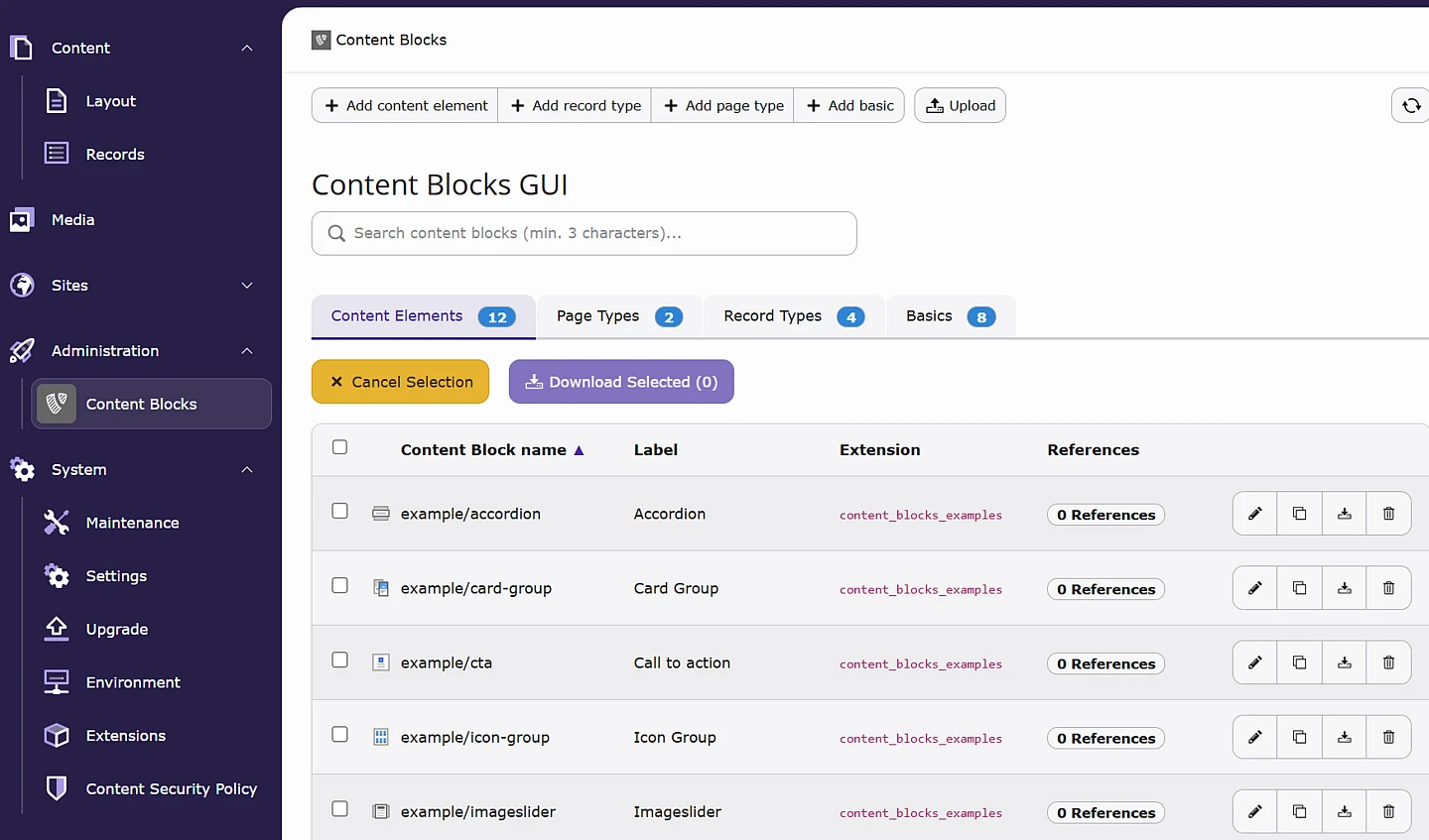 A web interface titled Content Blocks GUI displays a table of content block names, labels, extensions, and references, with navigation menus on the left and buttons for adding and downloading items above the table.