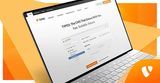 Laptop screen displaying the TYPO3 content management system interface with the headline “The CMS That Grows With You – Fast. Scalable. Secure.”