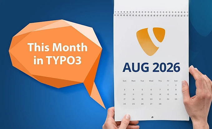 Person holding August 2026 TYPO3 calendar with orange speech bubble saying 'This Month in TYPO3'