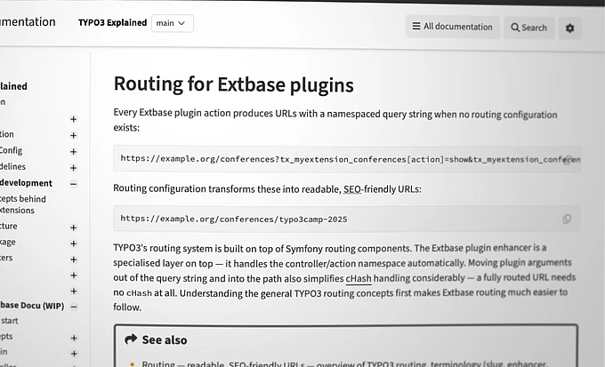 A computer screen displays TYPO3 documentation titled “Routing for Extbase plugins,” with sample URL code and explanations about readable, SEO-friendly URLs. The navigation menu appears on the left side.
