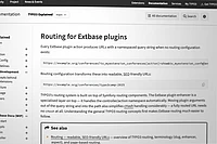 A computer screen displays TYPO3 documentation titled “Routing for Extbase plugins,” with sample URL code and explanations about readable, SEO-friendly URLs. The navigation menu appears on the left side.