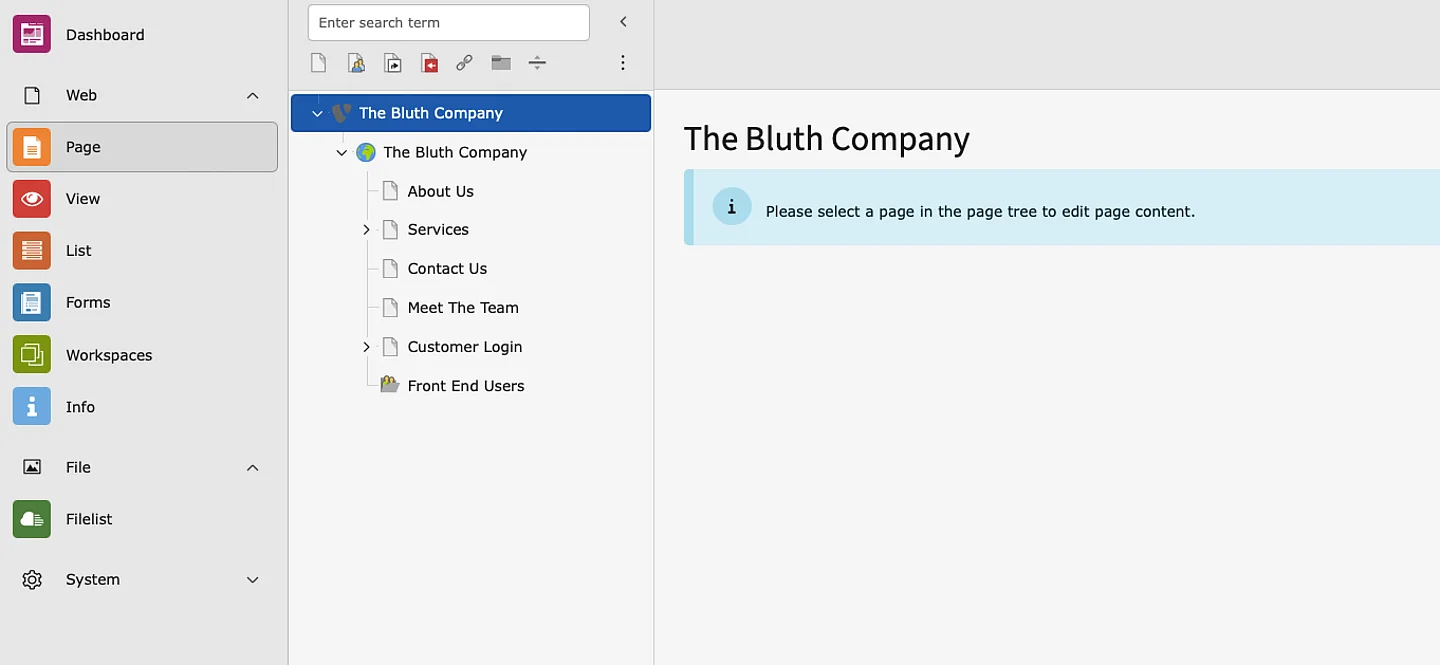 A screenshot of TYPO3's Page module with a list of pages in the page tree
