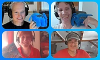 Four people wearing headphones smiling at camera, holding blue PHP mascot plushies in streaming setup