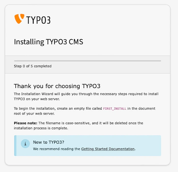 Step 0 - create the FIRST_INSTALL file. A screenshot of the installation tool.
