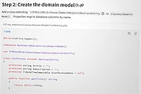 Screenshot of a tutorial page titled Step 2: Create the domain model. The image shows a PHP code example defining a Conference class in TYPO3, with properties for title and conference date.