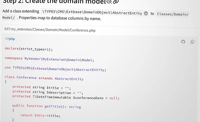 Screenshot of a tutorial page titled Step 2: Create the domain model. The image shows a PHP code example defining a Conference class in TYPO3, with properties for title and conference date.