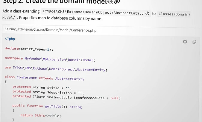 Screenshot of a tutorial page titled Step 2: Create the domain model. The image shows a PHP code example defining a Conference class in TYPO3, with properties for title and conference date.