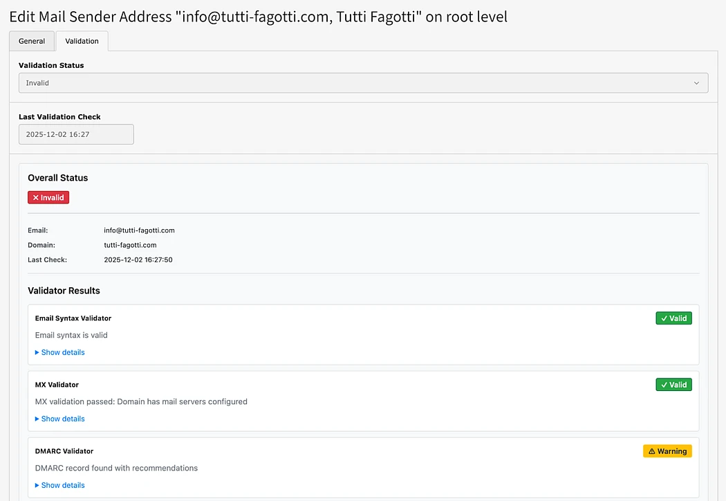 A dashboard displays the validation status of the email info@tutti-fagotti.com. The email and MX validators are valid, but the DMARC validator shows a warning. Overall status is marked as invalid.