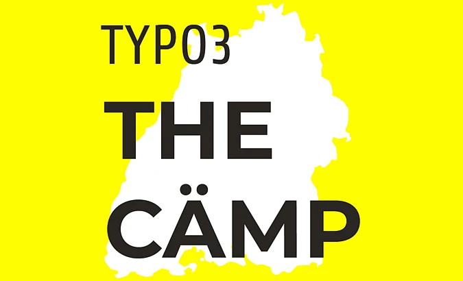 A bright yellow graphic with a white silhouette of a region. Black text reads “TYPO3 THE CÄMP”; TYPO3 is at the top left, THE in the center, and CÄMP at the bottom, with an umlaut over the A.