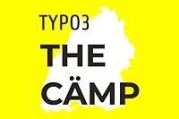 A bright yellow graphic with a white silhouette of a region. Black text reads “TYPO3 THE CÄMP”; TYPO3 is at the top left, THE in the center, and CÄMP at the bottom, with an umlaut over the A.