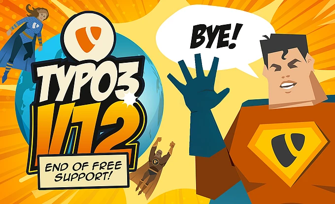 Cartoon superhero graphic announcing “TYPO3 v12 End of Free Support!” with a character waving goodbye and saying “Bye!”