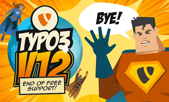 Cartoon superhero graphic announcing “TYPO3 v12 End of Free Support!” with a character waving goodbye and saying “Bye!”