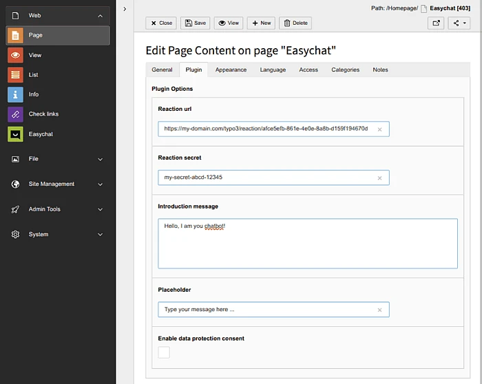Easychat plugin configuration page showing reaction URL, secret, introduction message, and data protection settings