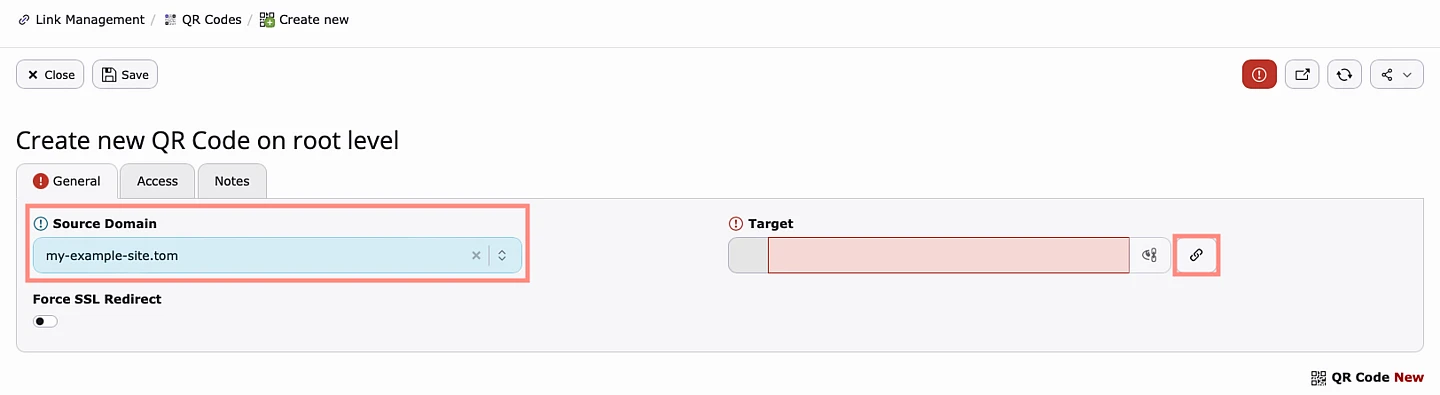 Screenshot der Registerkarte "Allgemein" im Fenster "Neues QRC erstellen".