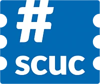 A blue ticket-shaped icon with a large white hashtag symbol above the lowercase letters scuc in white.