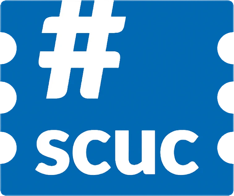 A blue ticket-shaped icon with a large white hashtag symbol above the lowercase letters scuc in white.
