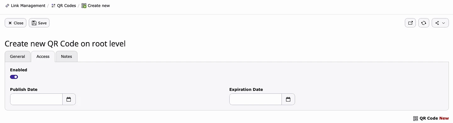 Screenshot der Registerkarte "Zugriff" im Fenster "Neues QRC erstellen".