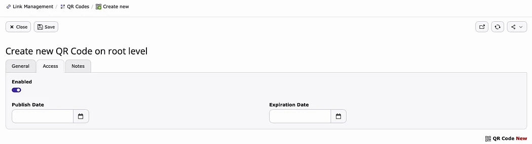 Screenshot of the Access Tab found in the create new QRC window