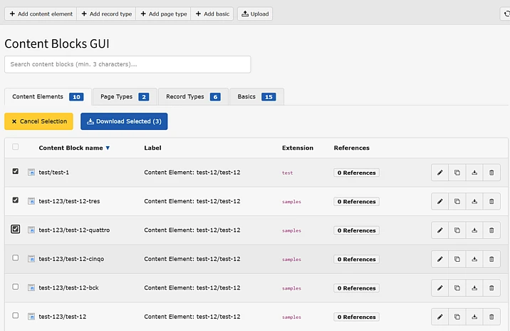A web interface titled Content Blocks GUI displays a list of content blocks with columns for name, label, extension, and references. Three items are selected, and buttons for downloading and canceling selection are visible.