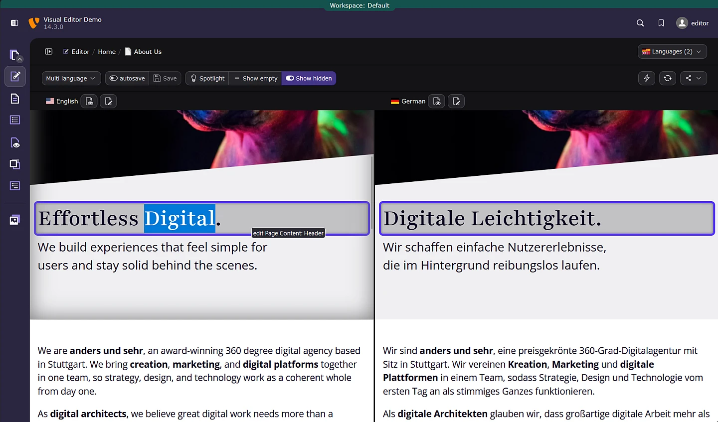 Screenshot of a website editor within the TYPO3 backend with side-by-side English and German text blocks about digital experiences. The words Digital and Digitale Leichtigkeit are highlighted with a blue border.