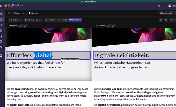 Screenshot of a website editor within the TYPO3 backend with side-by-side English and German text blocks about digital experiences. The words Digital and Digitale Leichtigkeit are highlighted with a blue border.