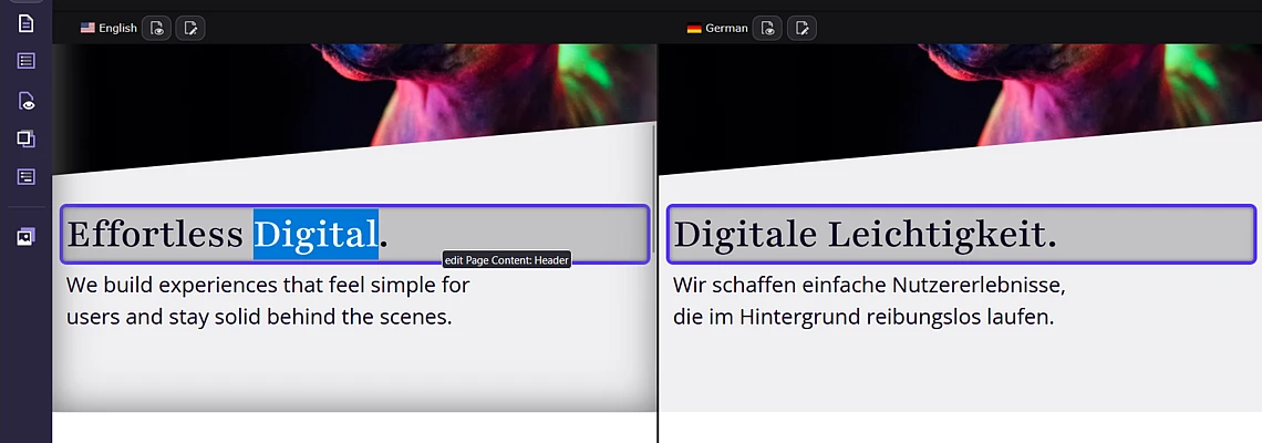Screenshot of a website editor within the TYPO3 backend with side-by-side English and German text blocks about digital experiences. The words Digital and Digitale Leichtigkeit are highlighted with a blue border.