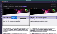 Screenshot of a website editor within the TYPO3 backend with side-by-side English and German text blocks about digital experiences. The words Digital and Digitale Leichtigkeit are highlighted with a blue border.