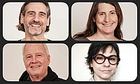 A collage of four people, each smiling in their own portrait: a middle-aged man with medium-length hair, a woman with long brown hair, an older man with white hair, and a woman with short, dark hair and round glasses.