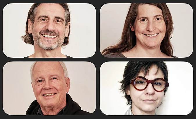 A collage of four people, each smiling in their own portrait: a middle-aged man with medium-length hair, a woman with long brown hair, an older man with white hair, and a woman with short, dark hair and round glasses.
