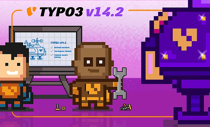 Pixel-art promo for TYPO3 v14.2 showing two characters, a robot blueprint screen, and a purple machine in a retro game style.