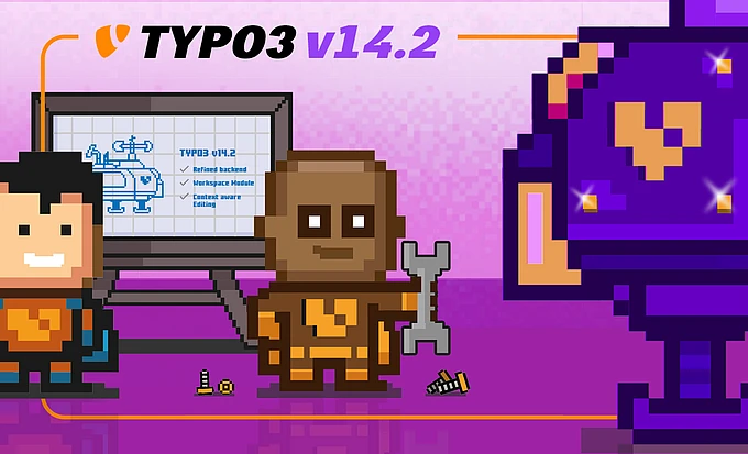 Pixel-art promo for TYPO3 v14.2 showing two characters, a robot blueprint screen, and a purple machine in a retro game style.