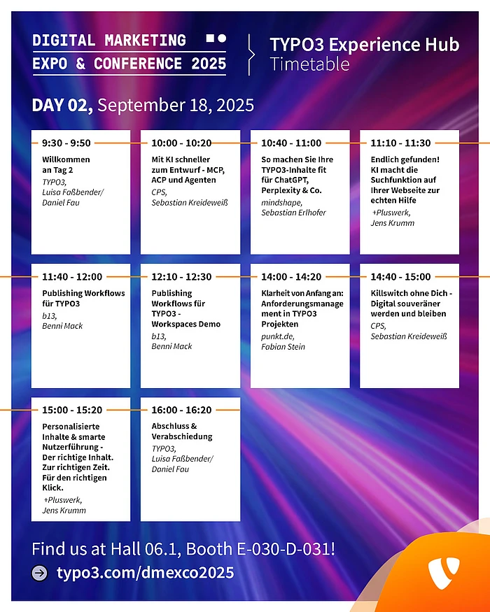 TYPO3 Experience Hub - Day 2 Timetable