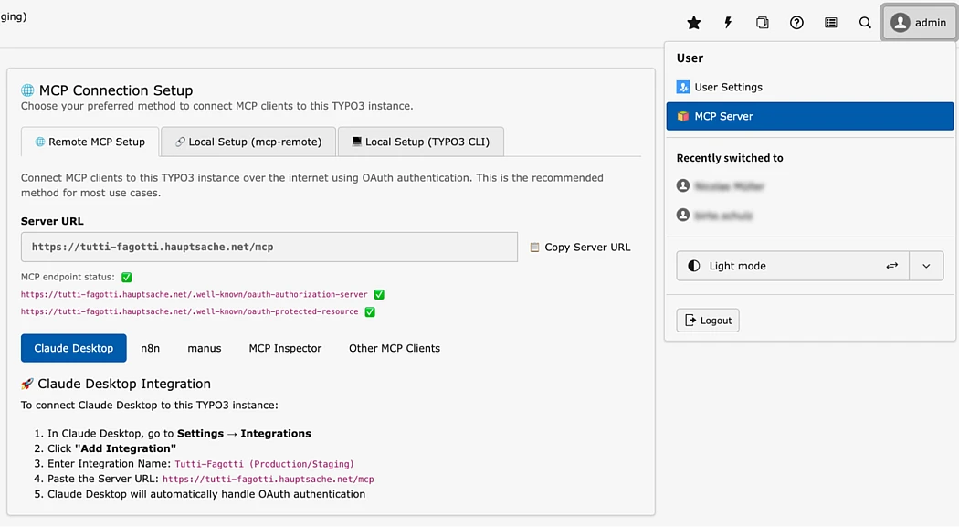 Screenshot of a web interface for MCP Connection Setup in TYPO3, showing server URL input, setup instructions, tabs for settings, and a user menu on the right with light/dark mode toggle and logout options.
