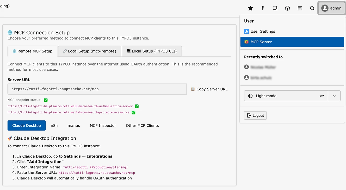 Screenshot of a web interface for MCP Connection Setup in TYPO3, showing server URL input, setup instructions, tabs for settings, and a user menu on the right with light/dark mode toggle and logout options.
