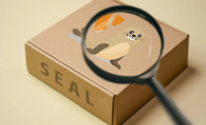 A magnifying glass enlarges a cartoon seal illustration on a cardboard box labeled SEAL. The box is on a beige background.