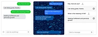 Chatbot conversation interface showing three message exchanges about life meaning and personal growth